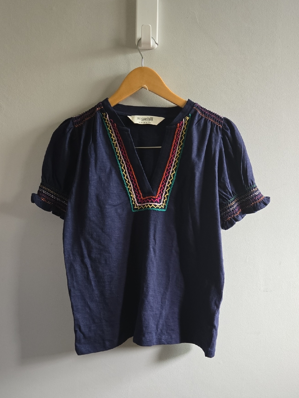 Navy Blue Sugarhill Brighton Vneck Organic Cotton Tshirt With Embroidery Size 6
